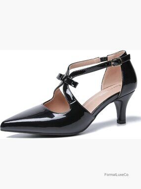 Kitten Heels T Strap 2 Inch Low Heel Bow Pointed Toe D'Orsay Pumps